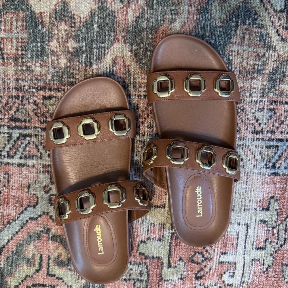 Larroude Brown Slide Sandals with Gold Accents